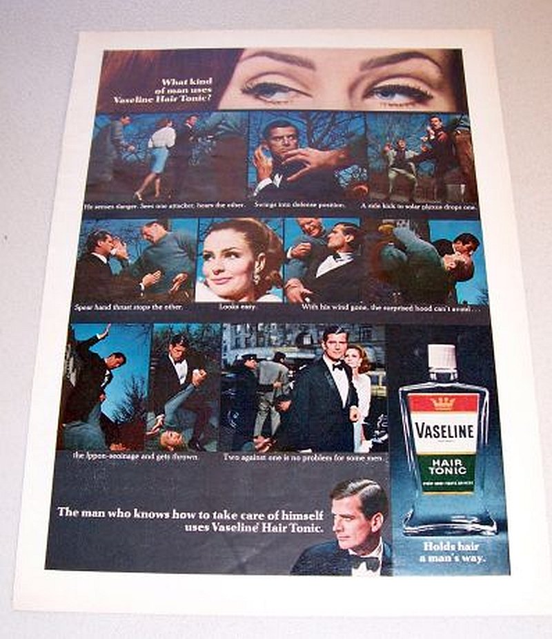 1967 Vaseline Hair Tonic Self Defense Themed Color Print Ad
