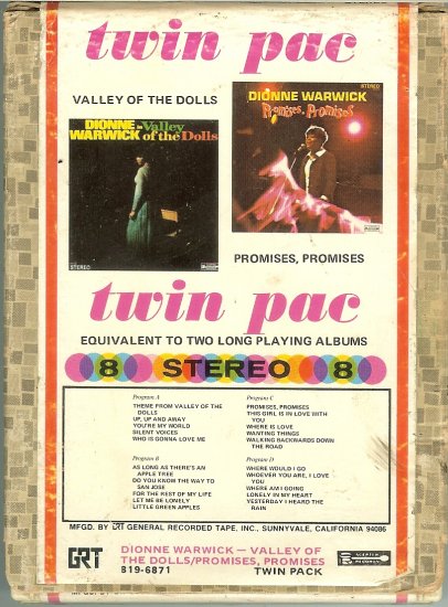 Dionne Warwick - Valley of the Dolls and Promises, Promises 1968 GRT SCEPTER 8-track tape