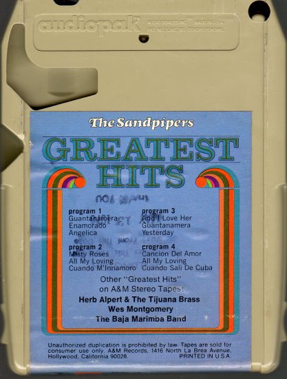 The Sandpipers Greatest Hits 8 Track Tape