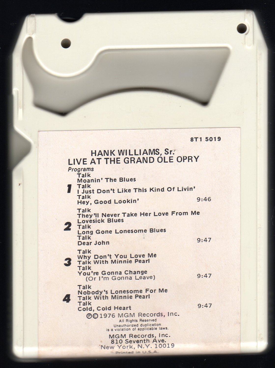 Hank Williams Sr. - Live at the Grand Ole Opry 1976 RCA A29B 8-TRACK TAPE