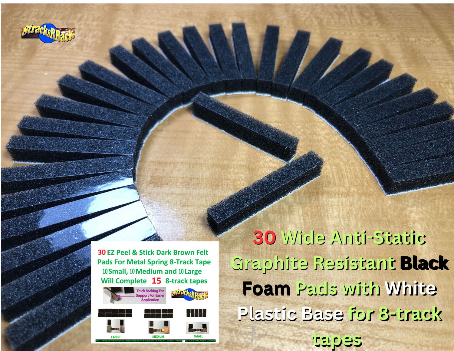 30 Wide AS GR Gry Foam Pads Wht Base + 30 Brown Felt Pads 8-Track Tape