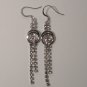 Rhinestone 2-Strand drop + twin circle Earrings -- Silver Tone