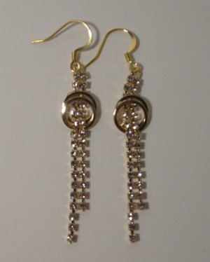 Rhinestone 2-Strand drop + twin circle Earrings -- Gold Tone