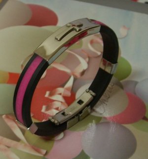 Black + Pink Silicone With Cross Pattern Stainless Steel Bracelet