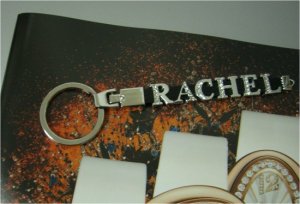 Custom made rhinestones letter "RACHEL" leather key chains