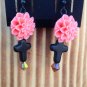 Coral Chrysanthemums w/ Black Cross Earings