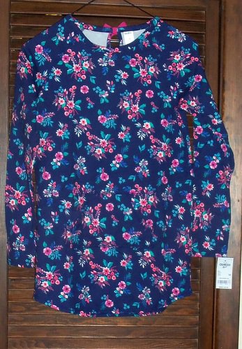 Oshkosh Girls Knit Tunic Top Size 14 Navy Blue Background w/Pink and Light Blue NEW