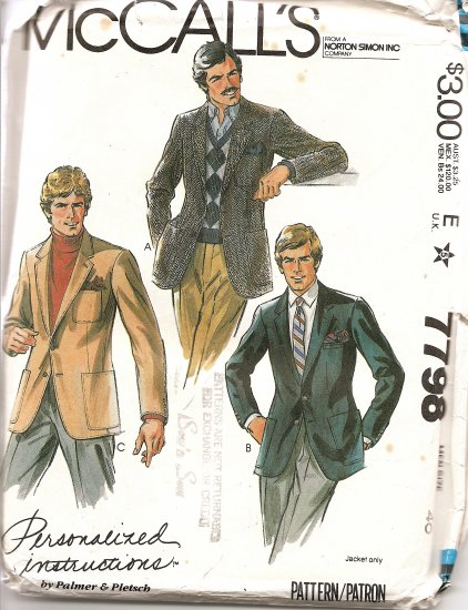 McCall's 7798 Men's Jacket Sewing Pattern Size 40 uncut