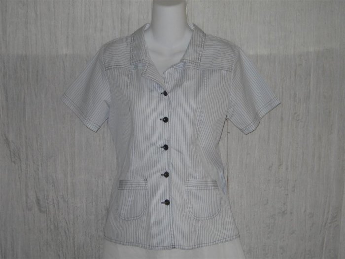 New SOLITAIRE Shapely Blue Striped Cotton Button Top Shirt M