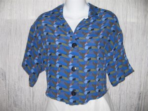 Jeanne Engelhart FLAX Cropped Shapely Blue Rayon Shirt Top Small S