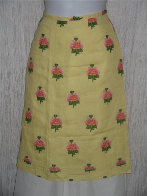 Solitaire Yellow & Pink Floral LINEN Shapely Knee Skirt Large L