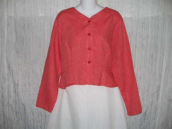 FLAX Shapely Red Stripe Peplum Jacket Shirt Top Jeanne Engelhart Small S