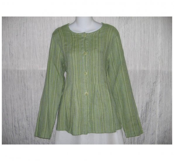 New FLAX Blue Green Textured LINEN Shapely Jacket Top Jeanne Engelhart Small S