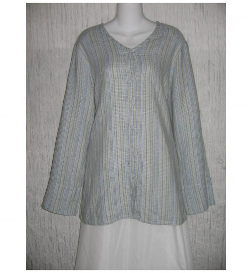 New FLAX Long Textured Blue LINEN Tunic Top Jacket Jeanne Engelhart Small S