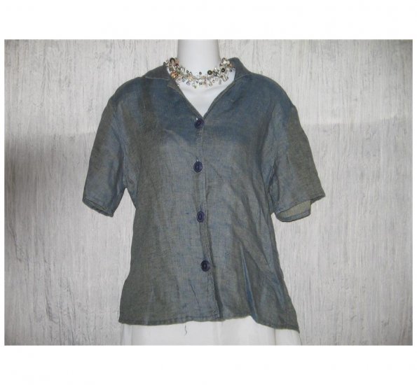 Jeanne Engelhart FLAX Blue Shapely Linen Button Shirt Tunic Top Small S