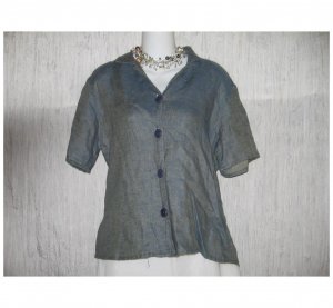 Jeanne Engelhart FLAX Blue Shapely Linen Button Shirt Tunic Top Small S
