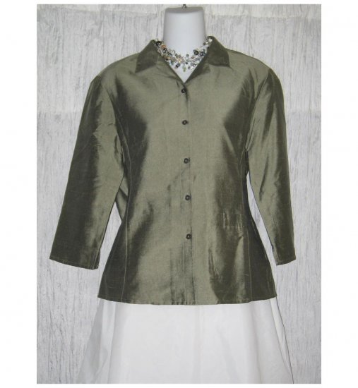 J. Jill Shapely Gray Silk Pleated Back Shirt Jacket Top 4 Petite 4P