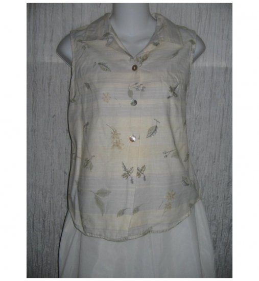 Lemon Grass Striped Floral Linen Cotton Collared Tank Top Shirt Small S
