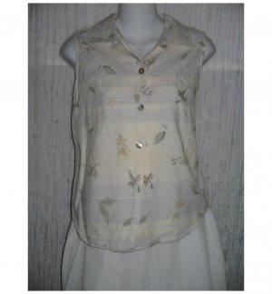 Lemon Grass Striped Floral Linen Cotton Collared Tank Top Shirt Small S