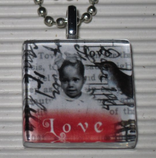 Altered Art to Wear Glass Necklace Love Bird Letters