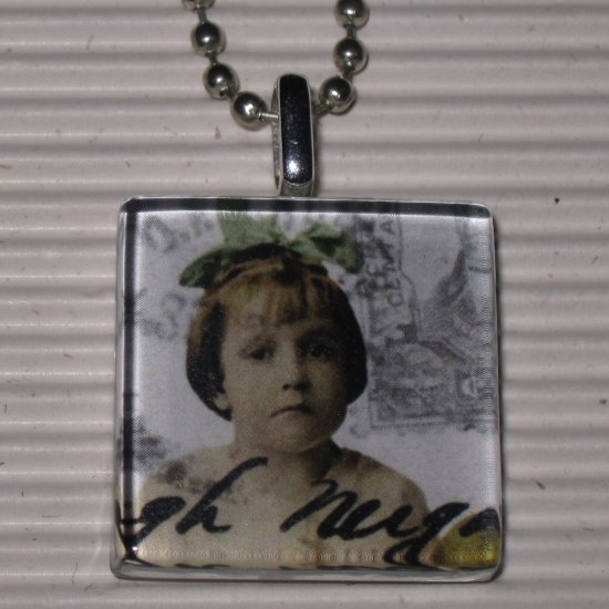 Altered Art Glass Tile Pendant Necklace Green Bow Girl
