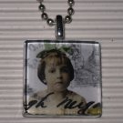 Altered Art Glass Tile Pendant Necklace Green Bow Girl