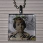 Altered Art Glass Tile Pendant Necklace Green Bow Girl