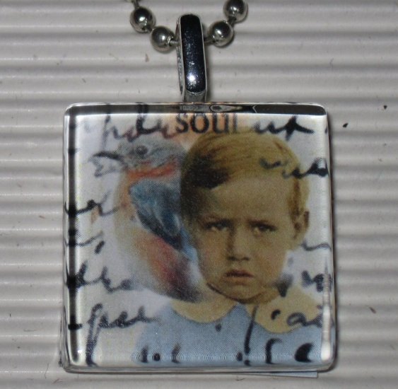New Altered Art Glass Tile Pendant Necklace Bird Soul