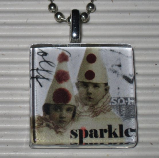 New Altered Art to Wear Glass Pendant Necklace Sparkle