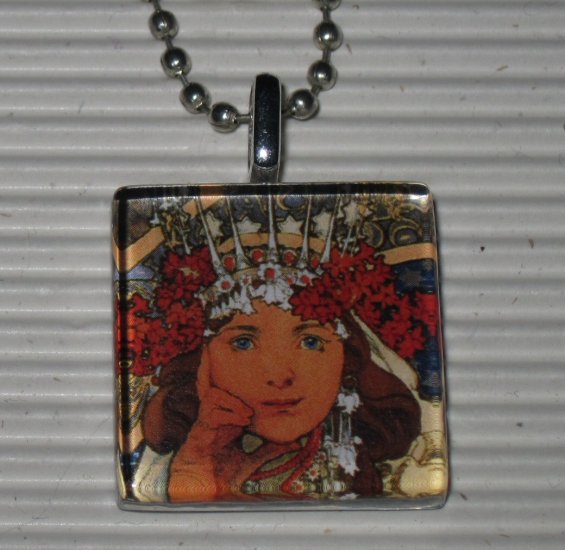 Glass Pendant Necklace Alphonse Mucha Princess Hyacinth