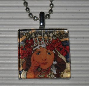 Glass Pendant Necklace Alphonse Mucha Princess Hyacinth