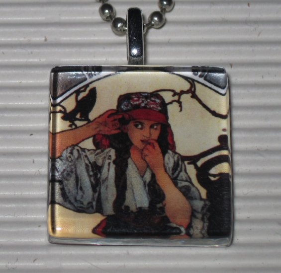 Alphonse Mucha Glass Tile Pendant Necklace Gypsy & Crow