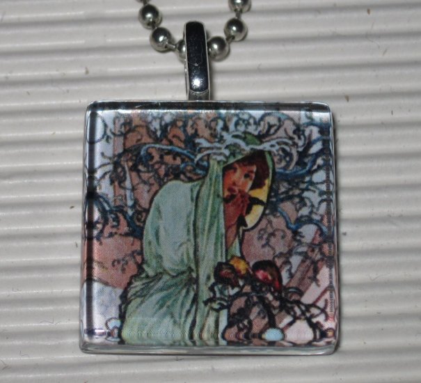 Altered Art Glass Tile Necklace Alphonse Mucha Winter
