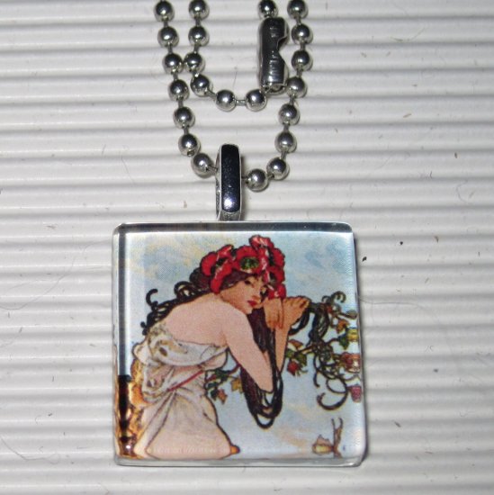 Altered Art Glass Tile Necklace Alphonse Mucha Summer