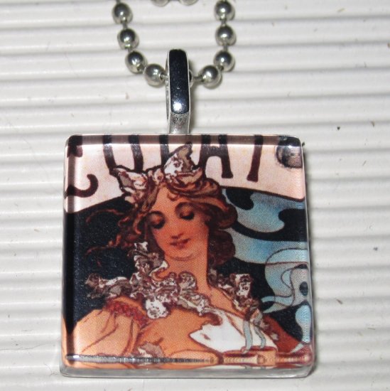 Altered Art Glass Necklace Alphonse Mucha Chocolate Ad