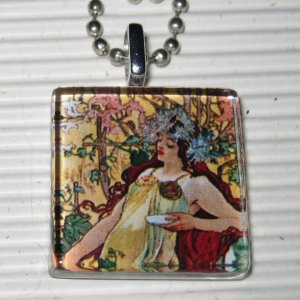 Altered Art Glass Tile Necklace Alphonse Mucha Autumn