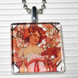 Art Glass Necklace Alphonse Mucha Champagne White Star