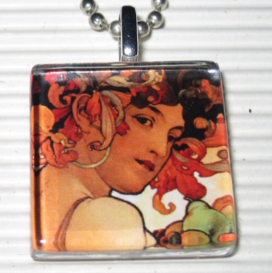 Art Glass Pendant Necklace Alphonse Mucha Goddess Fruit
