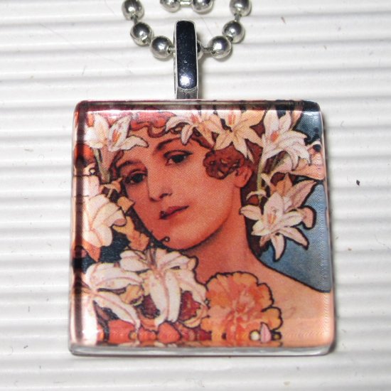 Altered Art Glass Tile Necklace Alphonse Mucha Goddess Flowers