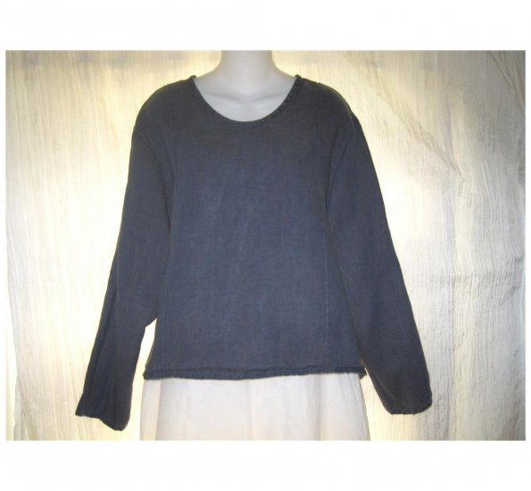 FLAX Jeanne Engelhart Cropped Blue Linen Lagenlook Shirt Tunic Top Large L
