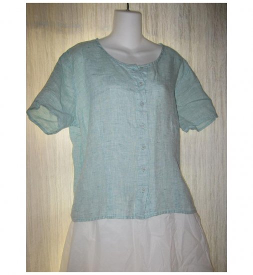 Jeanne Engelhart FLAX Shapely Blue Linen Button Top Shirt Medium M
