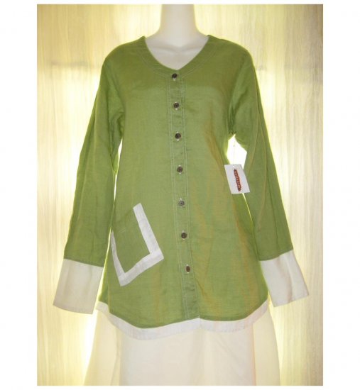 NWT Solitaire FLAX Green Linen Button Shirt Tunic Top Large L