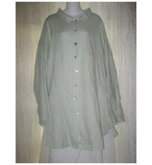Jeanne Engelhart FLAX Green Linen Skirted Button Tunic Top Shirt Generous