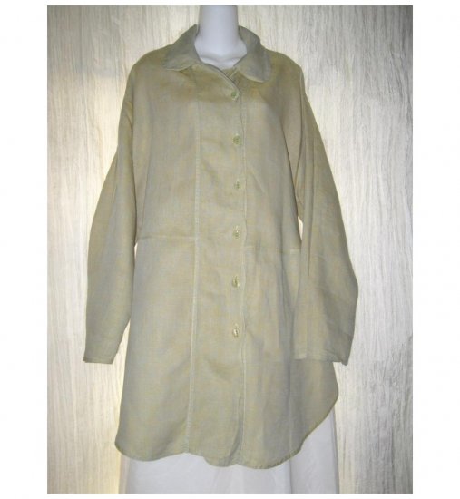 Jeanne Engelhart FLAX Blue Green Linen Skirted Button Tunic Top Shirt Large L