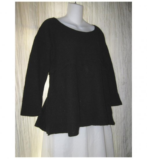 FLAX by ANGELHEART Black Merino Wool Shapely Skirted Tunic Sweater Jeanne Engelhart Small Medium S M