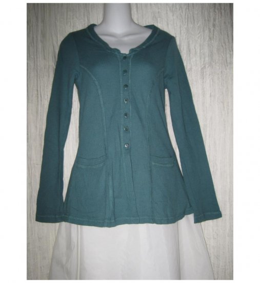 Jeanne Engelhart FLAX Shapely Teal Cotton Knit Tunic Top Shirt Jacket Petite P