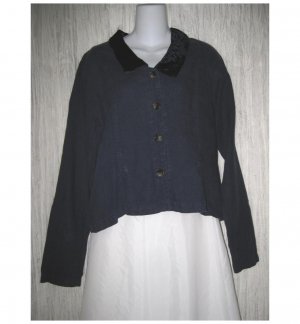 Cut Loose Blue Velvet Trim Shapely Linen Tunic Top Shirt Jacket Small S