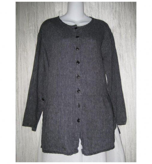 Jeanne Engelhart FLAX Black Striped Linen Skirted Button Shirt Tunic Top Petite P