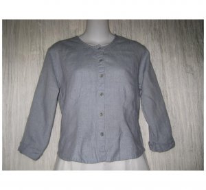 Jeanne Engelhart FLAX Shapely Gray Linen Button Shirt Top Petite P