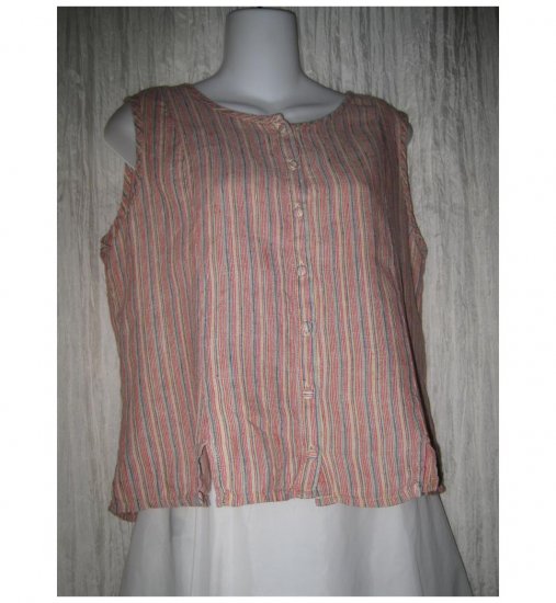 Jeanne Engelhart FLAX Red Striped Linen Button Shirt Tunic Top Petite P